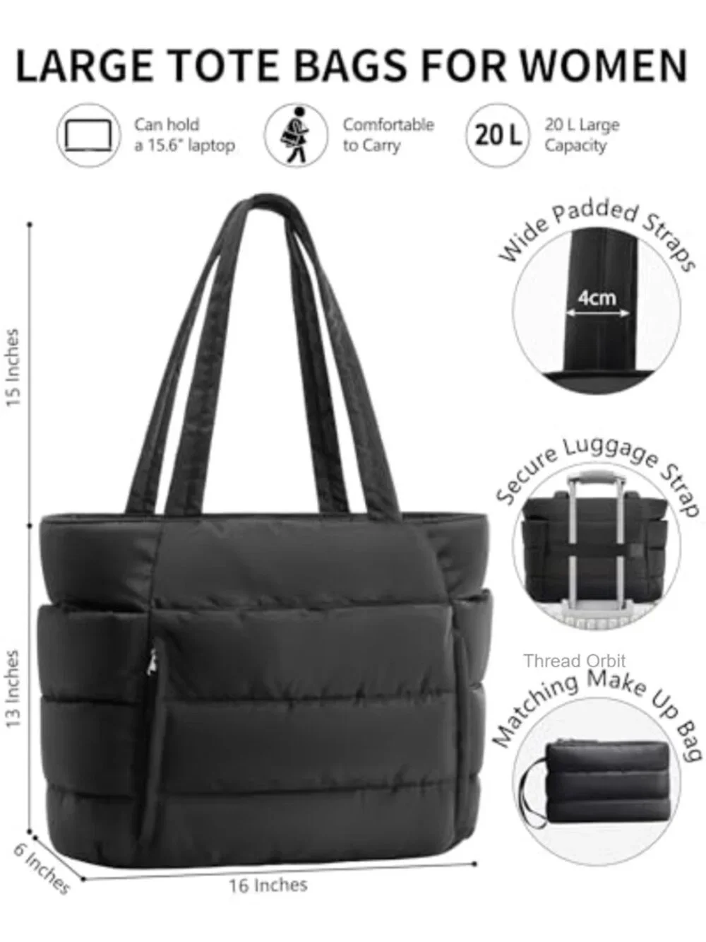 Lightweight Puffy Quilted Tote Bag with 15.6